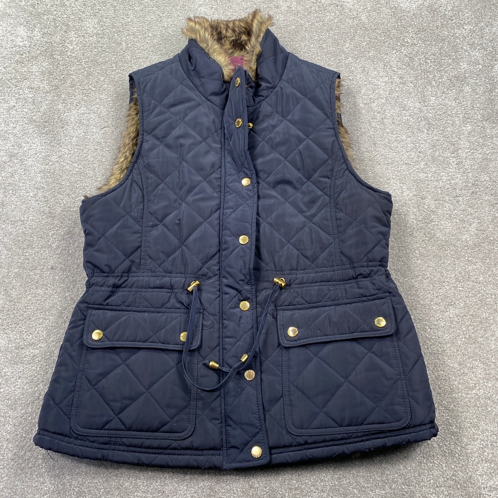 The Savile Row Co London Quilted Faux Fur Collar Vest Women's XL Navy Buttons